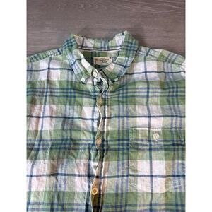 Weatherproof Vintage Mens XL EG Short Sleeve Button Up Shirt Green Plaid Linen